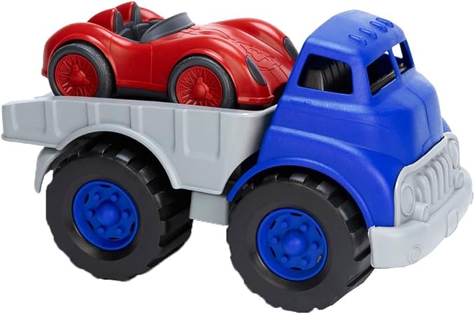 Blue Gray Flatbed Truck and Red Race Car Toy Set