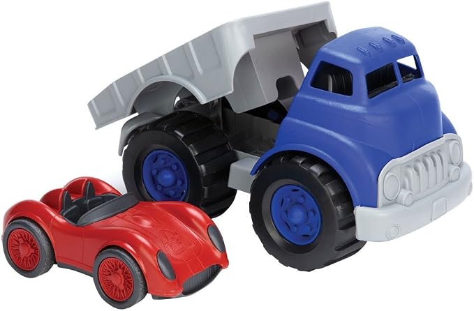 Blue Gray Flatbed Truck and Red Race Car Toy Set