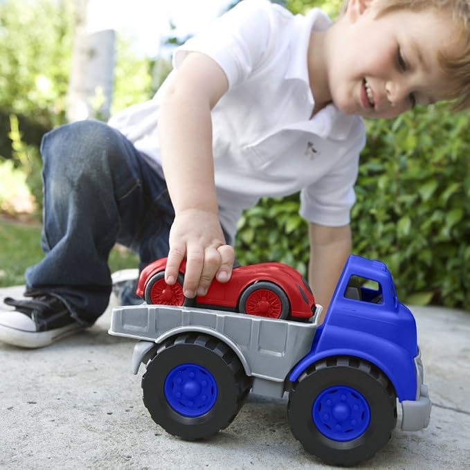 Blue Gray Flatbed Truck and Red Race Car Toy Set