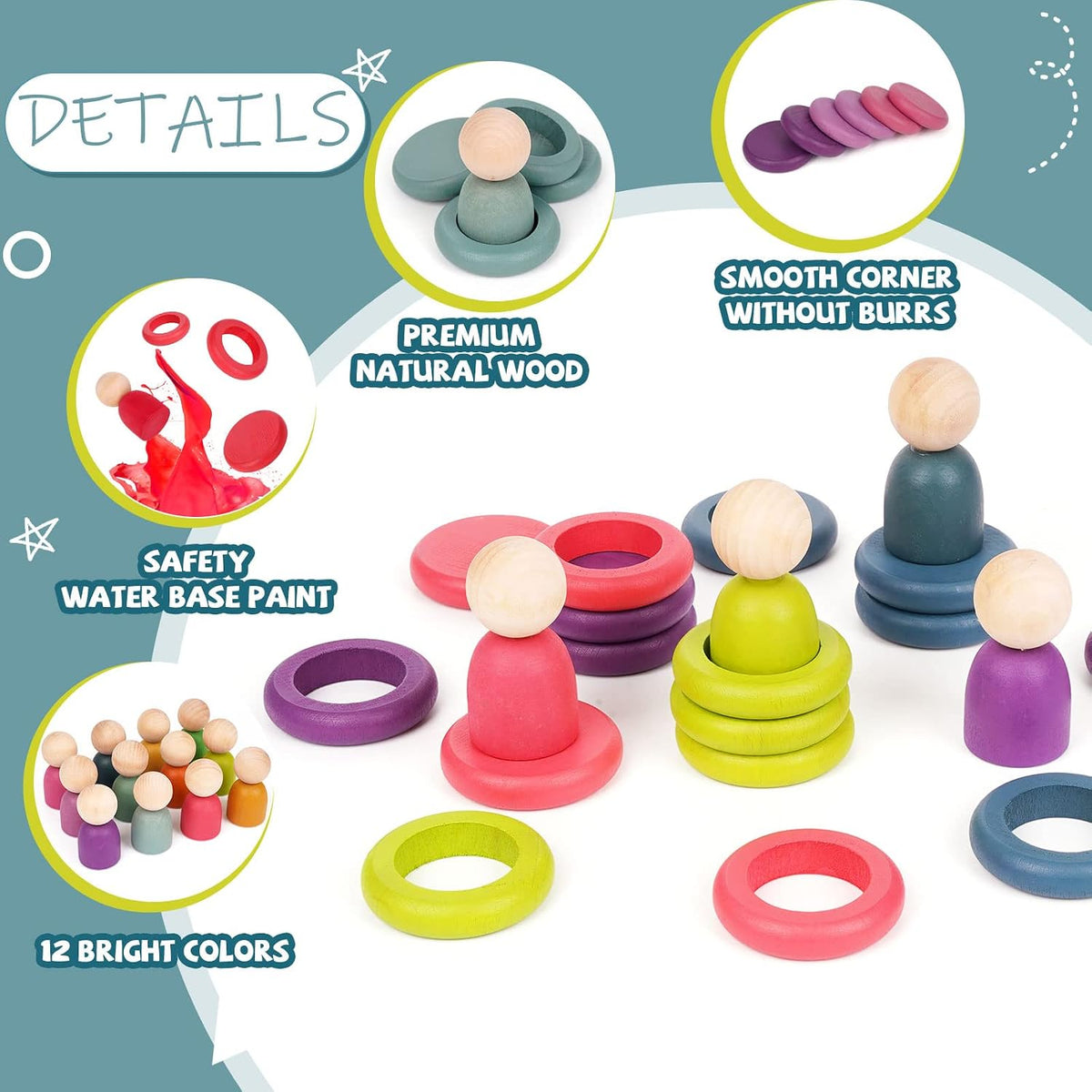 Wooden Montessori Rainbow Stacking Rings and Color Sorting Learning Toys
