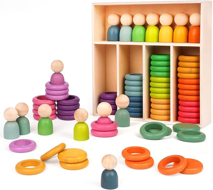 Wooden Montessori Rainbow Stacking Rings and Color Sorting Learning Toys