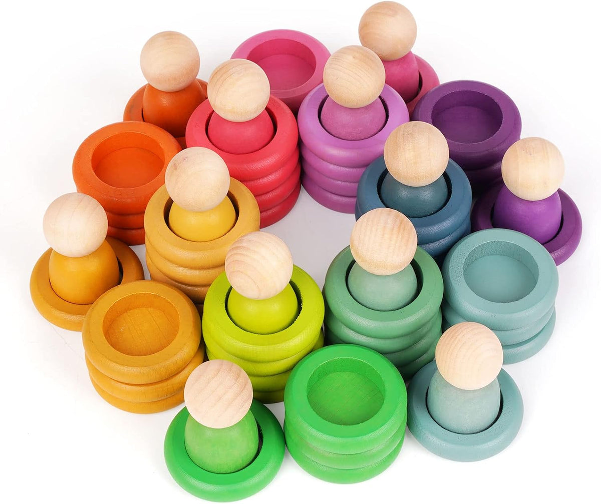 Wooden Montessori Rainbow Stacking Rings and Color Sorting Learning Toys