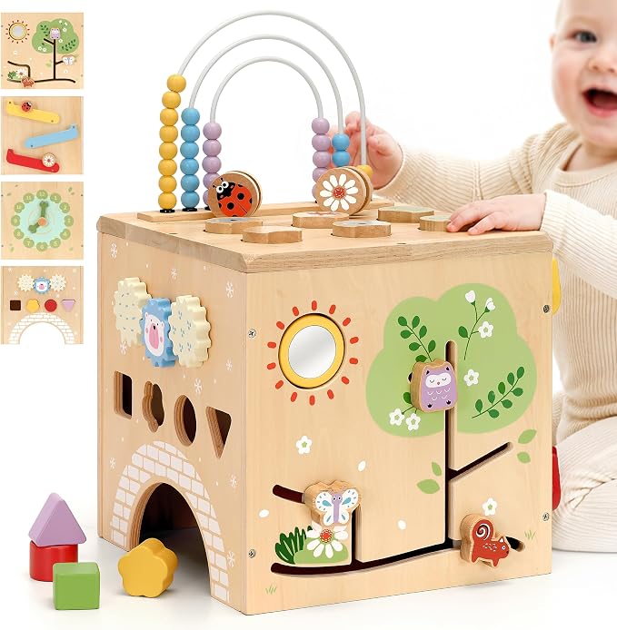 Wooden Montessori Activity Cube for Toddlers and Early Learning Fun